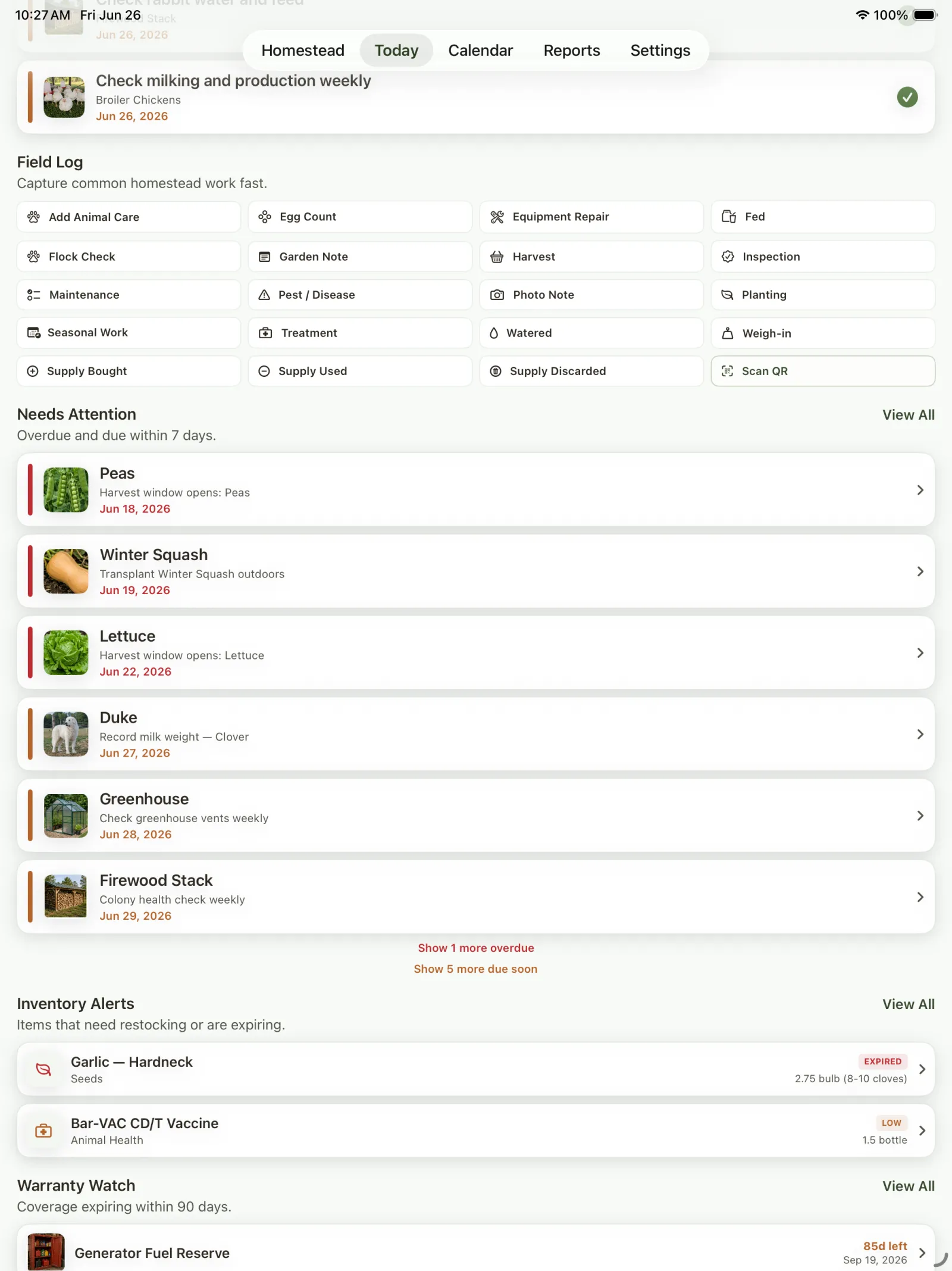 Today screen after task completion showing updated reminders and inventory sections.